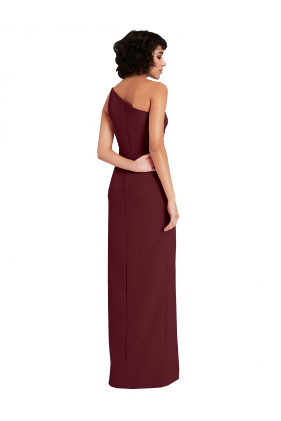 Sleeveless One Shoulder Stretch Crepe Burgundy Gold Long Formal Dress