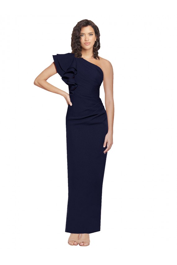 Sleeveless One Shoulder Stretch Crepe Dark Navy Sheath Long Formal Dress