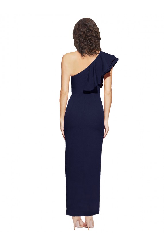 Sleeveless One Shoulder Stretch Crepe Dark Navy Sheath Long Formal Dress