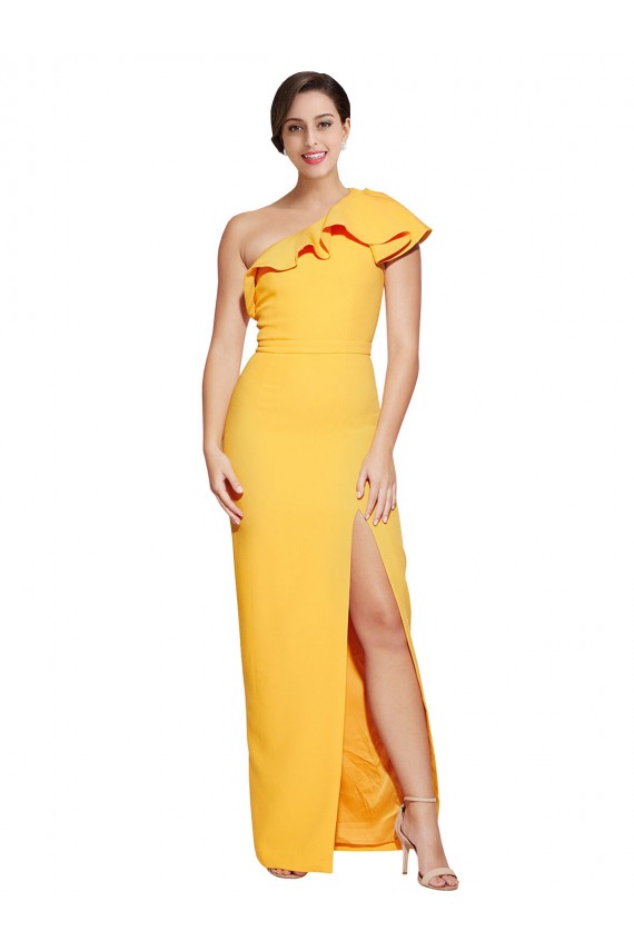 Sleeveless One Shoulder Stretch Crepe Saffron Long Formal Dress