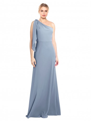 Affordable Flutter Sleeves One Shoulder Stretch Crepe Smoke Blue Long Formal Dress UK