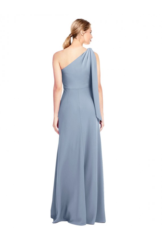 Flutter Sleeves One Shoulder Stretch Crepe Smoke Blue Long Formal Dress