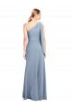 Flutter Sleeves One Shoulder Stretch Crepe Smoke Blue Long Formal Dress