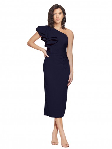 Affordable Sleeveless One Shoulder Stretch Crepe Dark Navy Midi Length Formal Dress UK