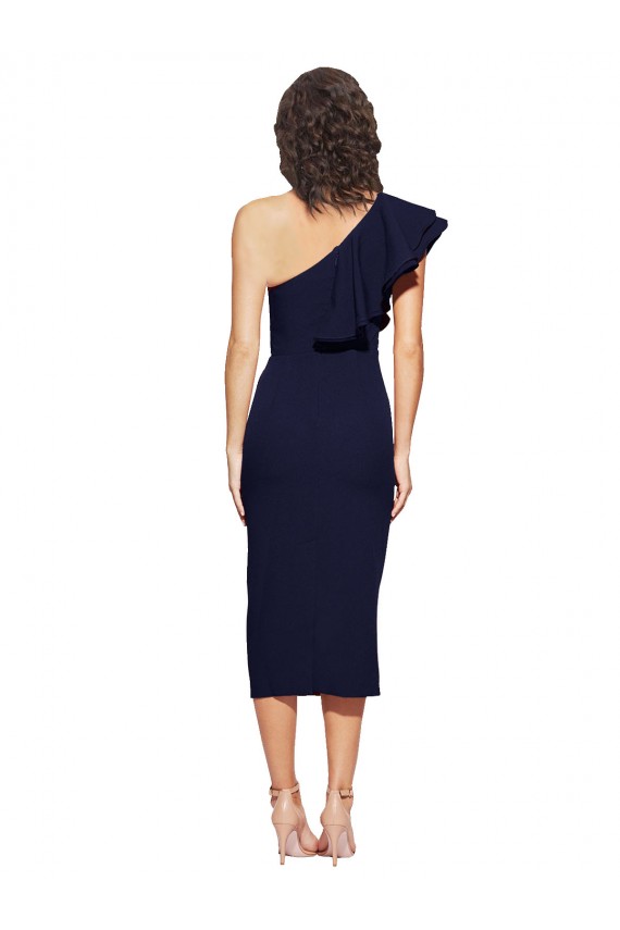 Sleeveless One Shoulder Stretch Crepe Dark Navy Midi Length Formal Dress