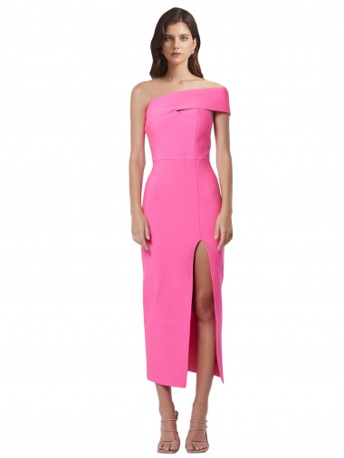Affordable Sleeveless One Shoulder Stretch Crepe Fuchsia Midi Length Formal Dress UK