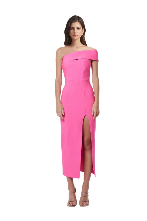 Sleeveless One Shoulder Stretch Crepe Fuchsia Midi Length Formal Dress