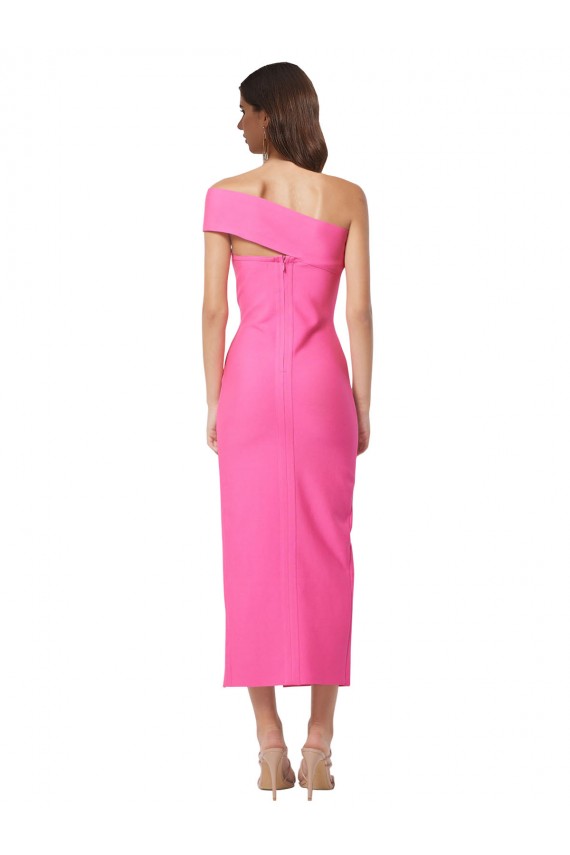 Sleeveless One Shoulder Stretch Crepe Fuchsia Midi Length Formal Dress