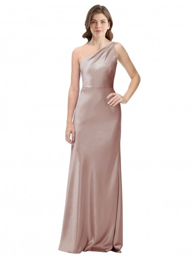 Affordable Sleeveless One Shoulder Stretch Satin Dusty Pink Long Formal Dress UK