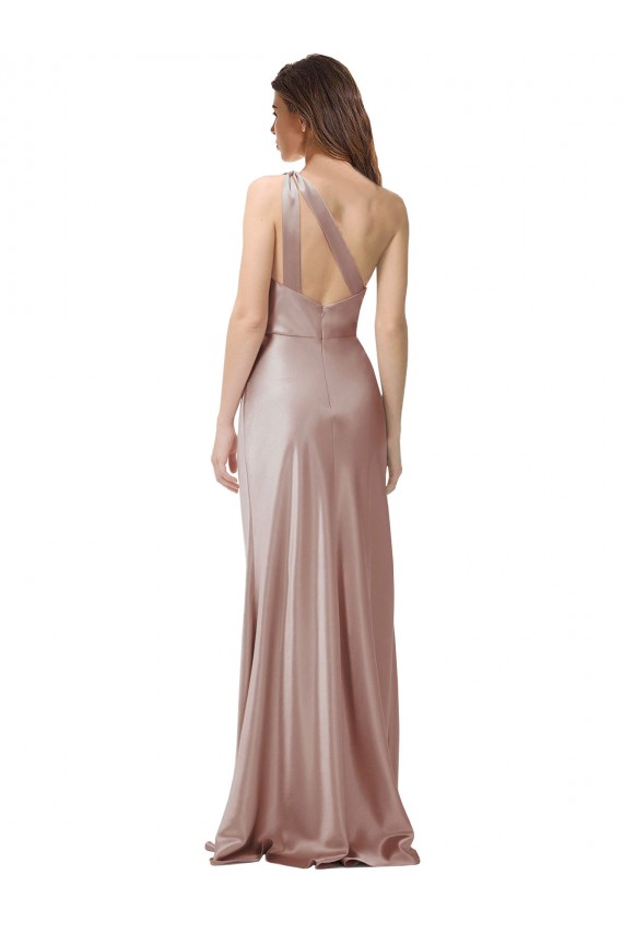 Sleeveless One Shoulder Stretch Satin Dusty Pink Long Formal Dress