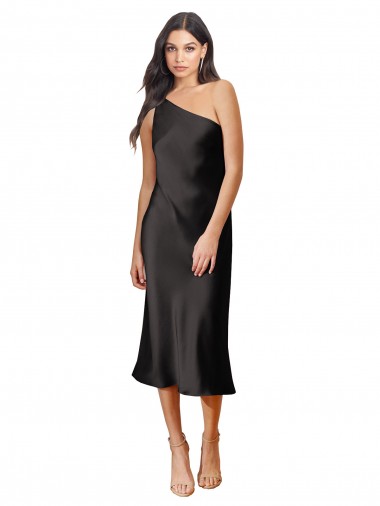 Affordable Sleeveless One Shoulder Stretch Satin Black Midi Length Black Tie Formal Dress UK