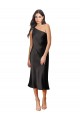 Sleeveless One Shoulder Stretch Satin Black Midi Length Black Tie Formal Dress