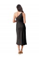 Sleeveless One Shoulder Stretch Satin Black Midi Length Black Tie Formal Dress