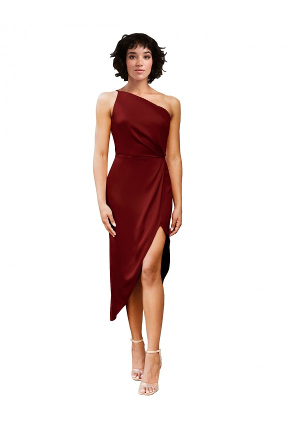 Sleeveless One Shoulder Stretch Satin Burgundy Midi Length Black Tie Formal Dress