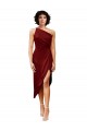 Sleeveless One Shoulder Stretch Satin Burgundy Midi Length Black Tie Formal Dress