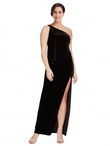Affordable Sleeveless One Shoulder Stretch Velvet Black Long Formal Dress UK