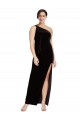 Sleeveless One Shoulder Stretch Velvet Black Long Formal Dress