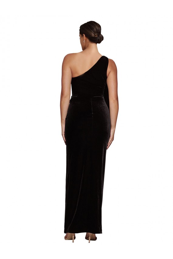 Sleeveless One Shoulder Stretch Velvet Black Long Formal Dress