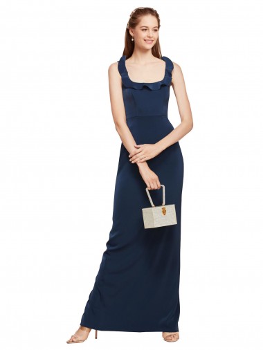 Affordable Sleeveless Scoop Neck Stretch Crepe Dark Navy Long Formal Gowns UK