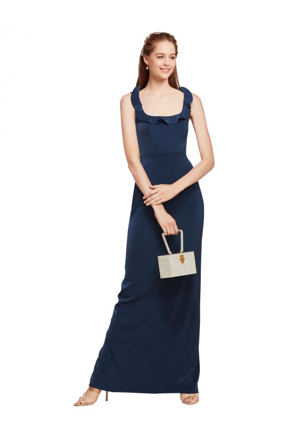 Sleeveless Scoop Neck Stretch Crepe Dark Navy Long Formal Gowns
