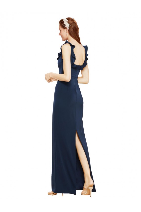 Sleeveless Scoop Neck Stretch Crepe Dark Navy Long Formal Gowns