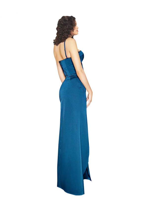 Sleeveless Spaghetti Straps Silky Satin Peacock Blue Long Formal Dress