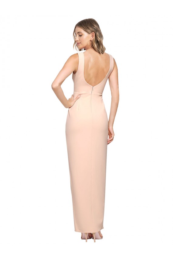 Sleeveless Square Neck Stretch Crepe Nude Long Formal Dress