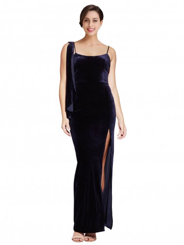 Affordable Sleeveless Square Neck Stretch Velvet Dark Navy Long Formal Dress UK