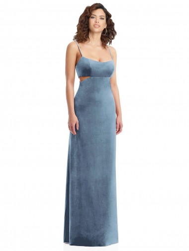 Affordable Sleeveless Square Neck Stretch Velvet Dusty Blue Long Formal Dress UK