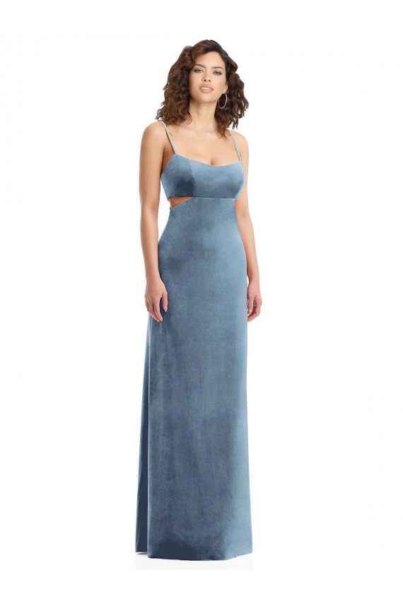 Sleeveless Square Neck Stretch Velvet Dusty Blue Long Formal Dress