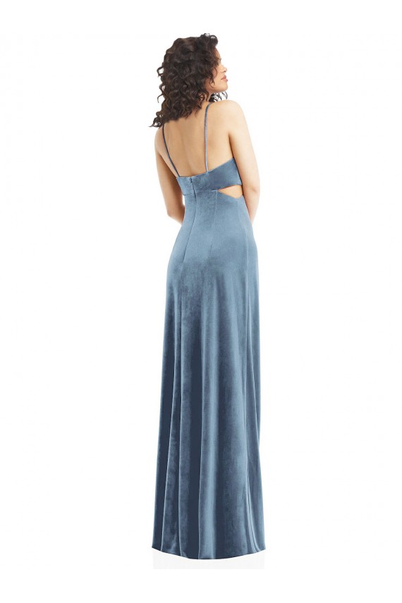 Sleeveless Square Neck Stretch Velvet Dusty Blue Long Formal Dress