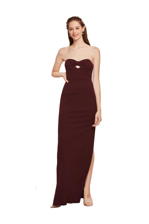 Sleeveless Strapless Stretch Crepe Burgundy Gold Long Formal Dress