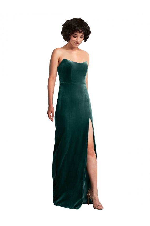 Sleeveless Strapless Stretch Velvet Dark Green Long Black Tie Formal Dress