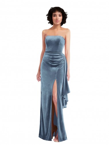 Affordable Sleeveless Strapless Stretch Velvet Dusty Blue Long Formal Dress UK