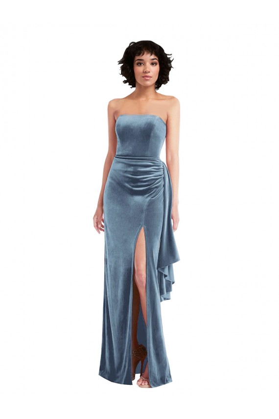 Sleeveless Strapless Stretch Velvet Dusty Blue Long Formal Dress
