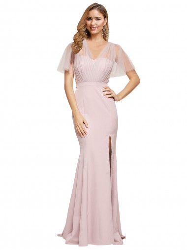 Affordable Short Sleeves Sweetheart Stretch Crepe & Tulle Mauve Long Formal Dress UK