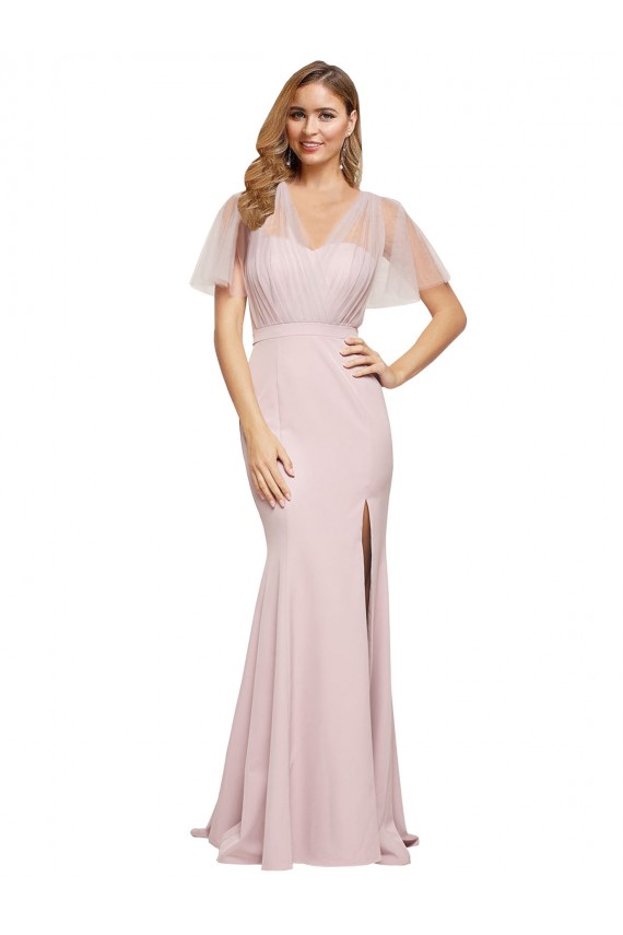 Short Sleeves Sweetheart Stretch Crepe & Tulle Mauve Long Formal Dress