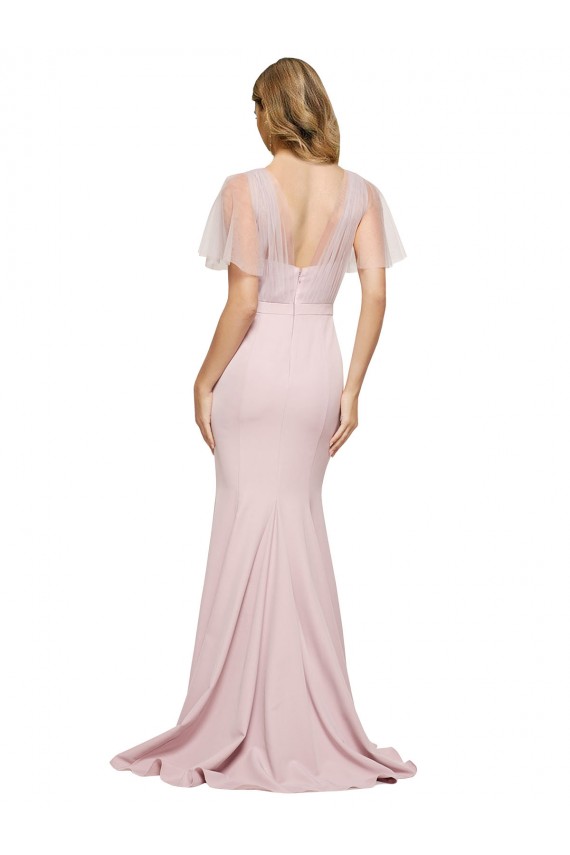 Short Sleeves Sweetheart Stretch Crepe & Tulle Mauve Long Formal Dress