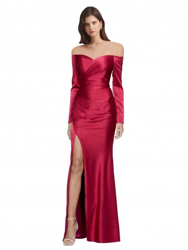 Affordable Long Sleeves Sweetheart Stretch Satin Dark Red Long Formal Dress UK