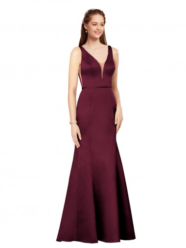 Affordable Sleeveless V-Neck Satin Burgundy Long Formal Gowns UK