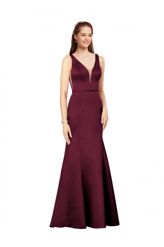 Sleeveless V-Neck Satin Burgundy Long Formal Gowns