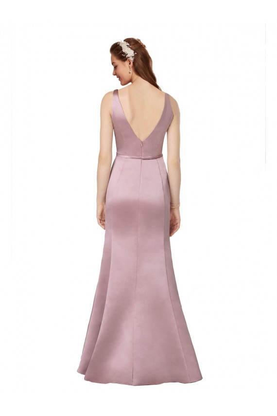 Sleeveless V-Neck Satin Burgundy Long Formal Gowns