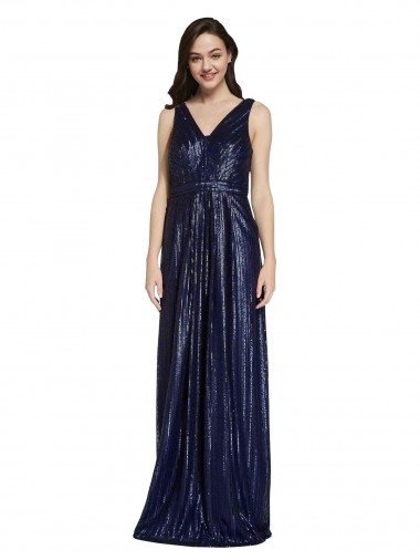 Affordable Sleeveless V-Neck Sequin Dark Navy Sheath Long Formal Dress UK