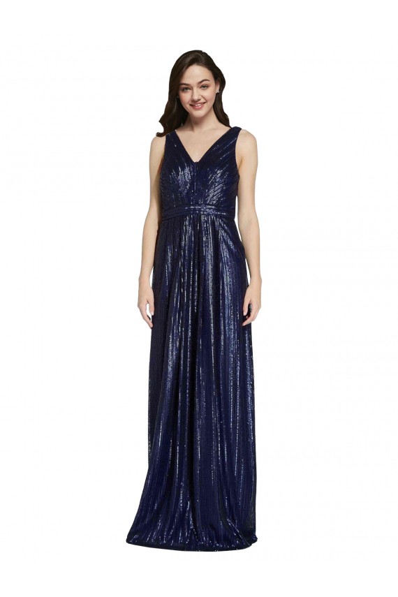 Sleeveless V-Neck Sequin Dark Navy Sheath Long Formal Dress