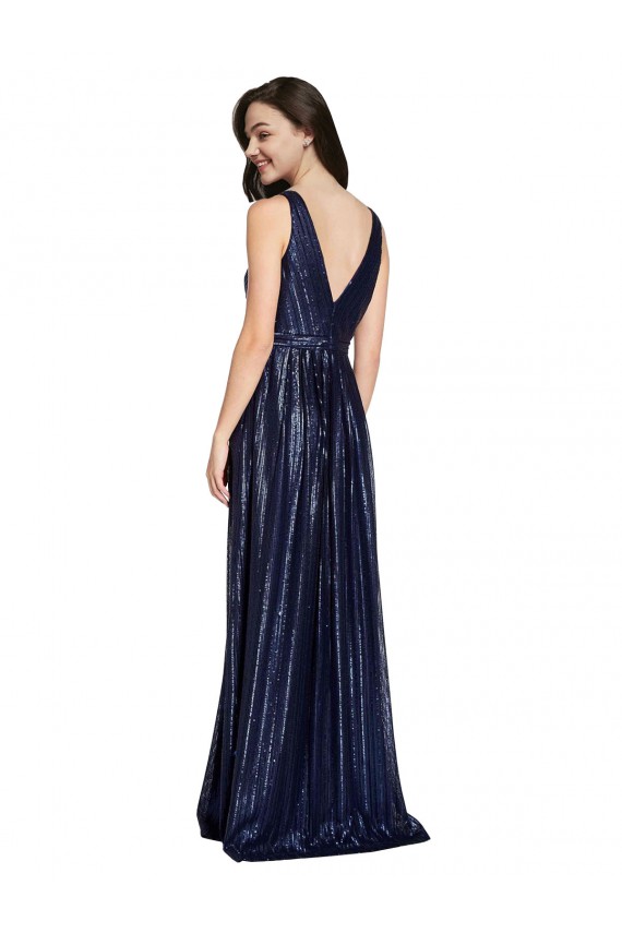 Sleeveless V-Neck Sequin Dark Navy Sheath Long Formal Dress