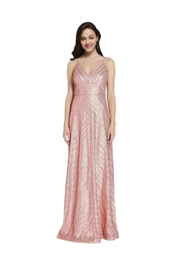 Sleeveless V-Neck Sequin Rose Gold Long Formal Dress