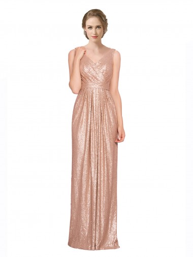 Affordable Sleeveless V-Neck Sequin Rose Gold Long Formal Gowns UK