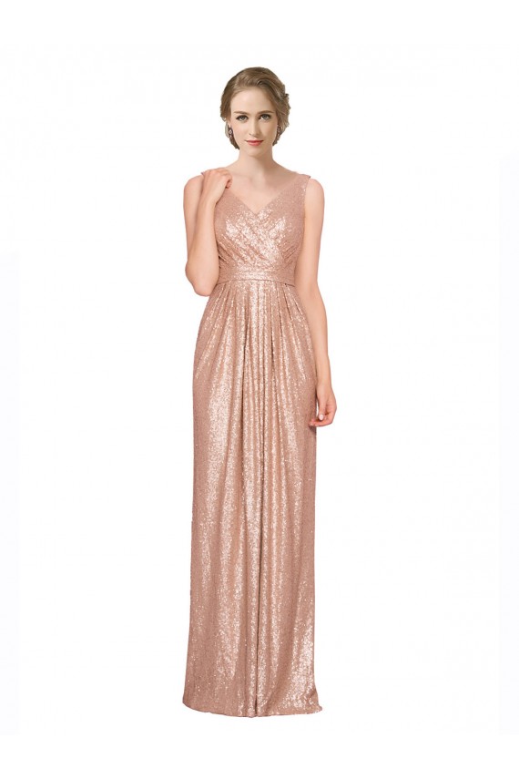 Sleeveless V-Neck Sequin Rose Gold Long Formal Gowns