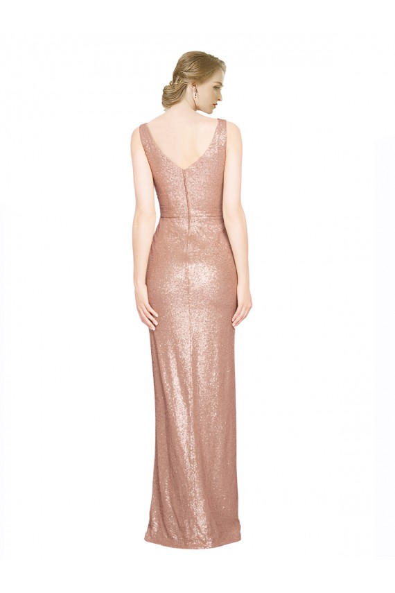 Sleeveless V-Neck Sequin Rose Gold Long Formal Gowns