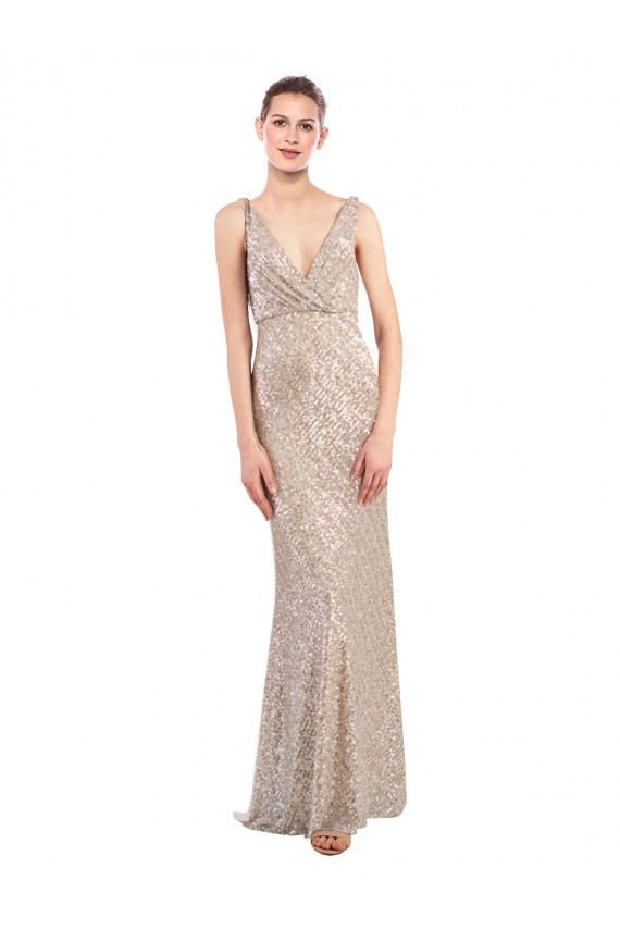 Sleeveless V-Neck Sequin & Sparkling Sequin Silver Long Formal Dress